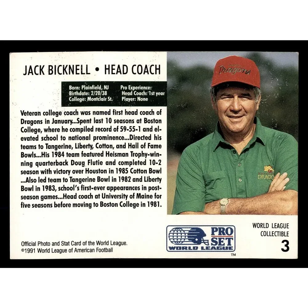 1991 Pro Set #3 Jack Bicknell World League Collectibles Football Card